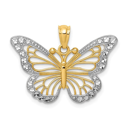 14k Yellow Gold and White Rhodium Diamond-cut Polished Cut-out Butterfly Pendant