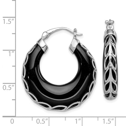 Sterling Silver Rhodium-plated Polished & Diamond-cut Onyx Round Hoop Earrings