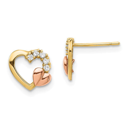 14k Two-tone Gold Cubic Zirconia Heart Stud Earrings
