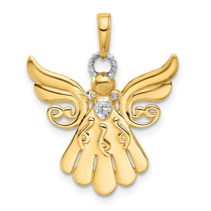 14k Yellow Gold with White Rhodium Diamond-Cut Angel Pendant