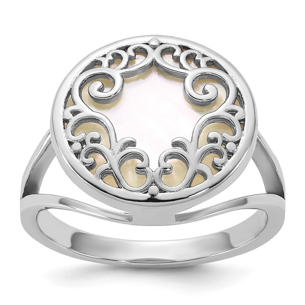 Sterling Silver RH-plated Polished Filigree MOP Circle Ring Size 8