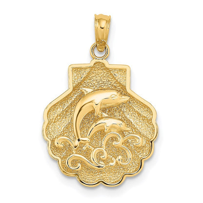 14k Yellow Gold Reversible Dolphins and Waves in Shell Charm Pendant for Women