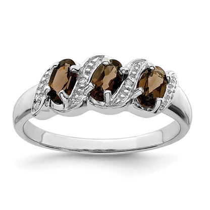 Sterling Silver Rhodium 3 Stone Smoky Quartz & Diamond Ring Size 8