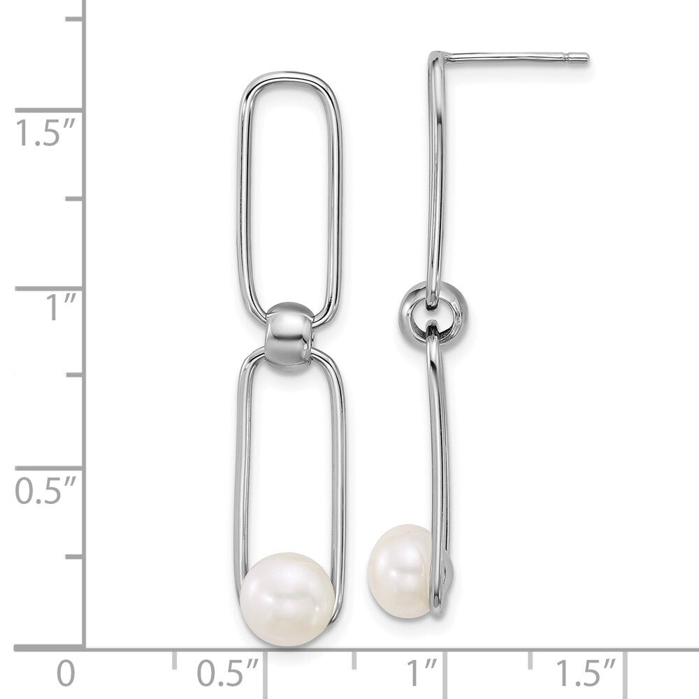 Sterling Silver 6-7mm White Button Cultured Pearl Link Post Dangle Earrings