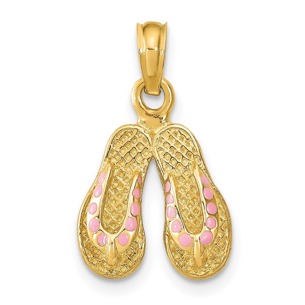 14k Yellow Gold 3D  Pink Enamel Double Flip-Flop Charm Pendant for Women