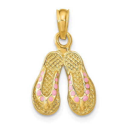 14k Yellow Gold 3D  Pink Enamel Double Flip-Flop Charm Pendant for Women