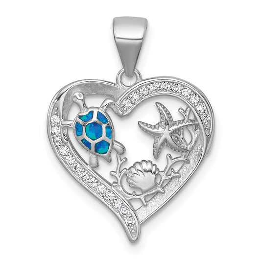 Sterling Silver Textured Blue Lab Created Opal and CZ Sealife Heart Pendant