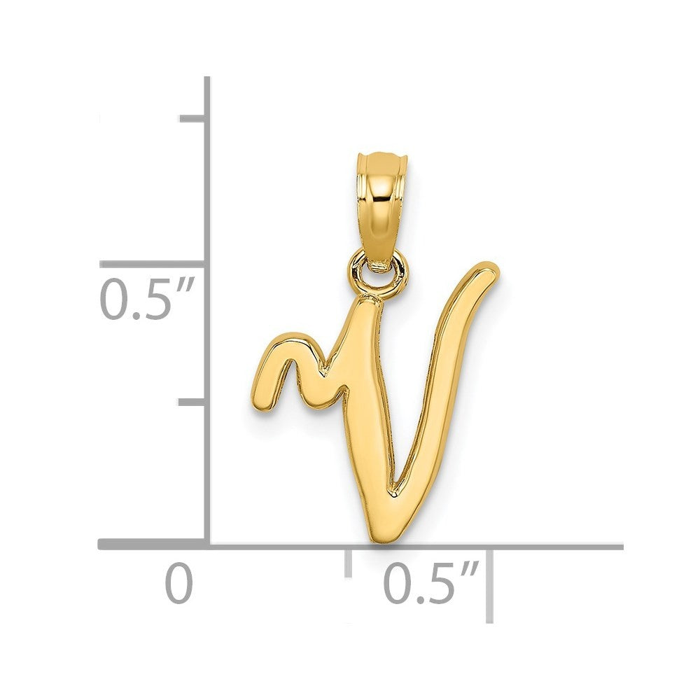 14k Yellow Gold Script Letter V Initial Pendant