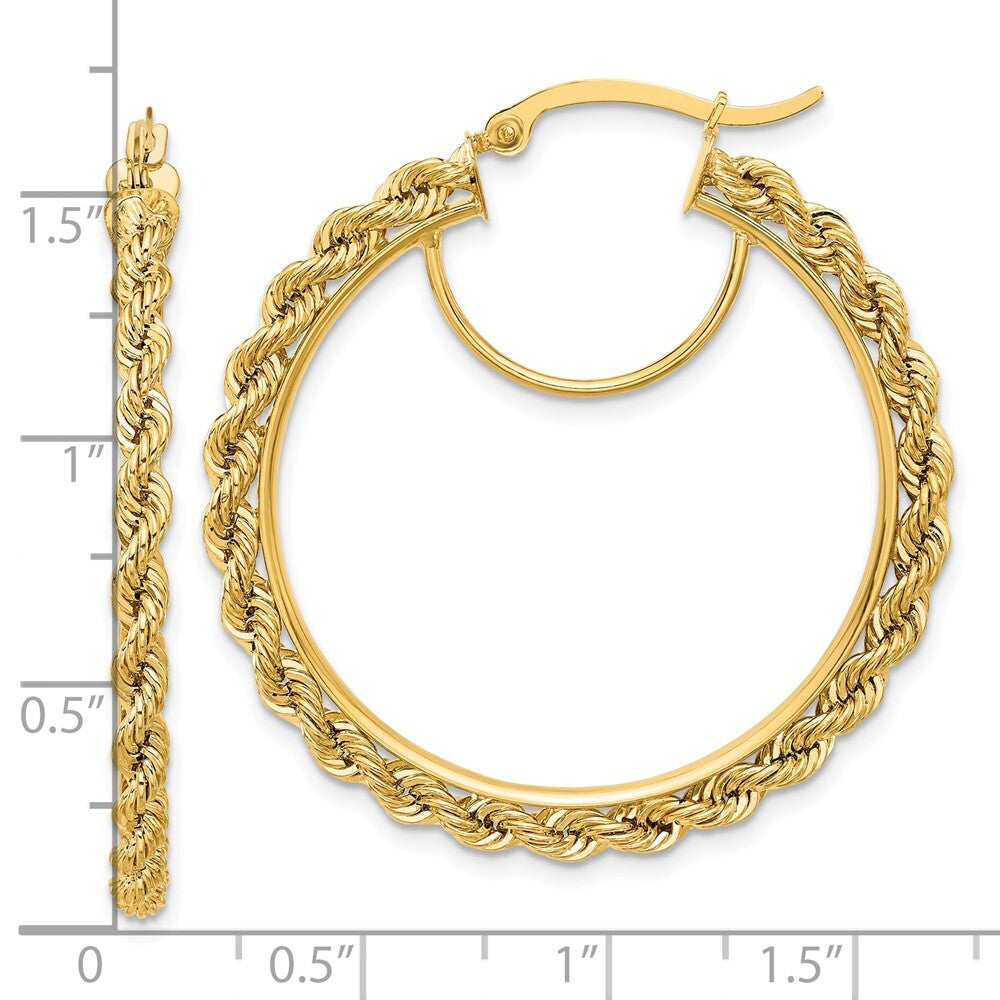14k Yellow Gold Polished and D/C Rope 2.95mm Hoop Earrings