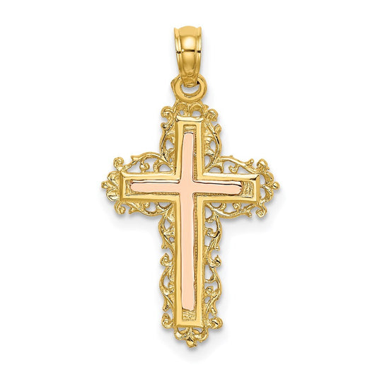 14k Two-tone Gold Cross  Lace Trim Charm Pendant for Women