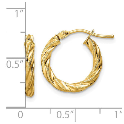 14k Yellow Gold Polished & Textured Twisted Hoop Earrings Gift for Women