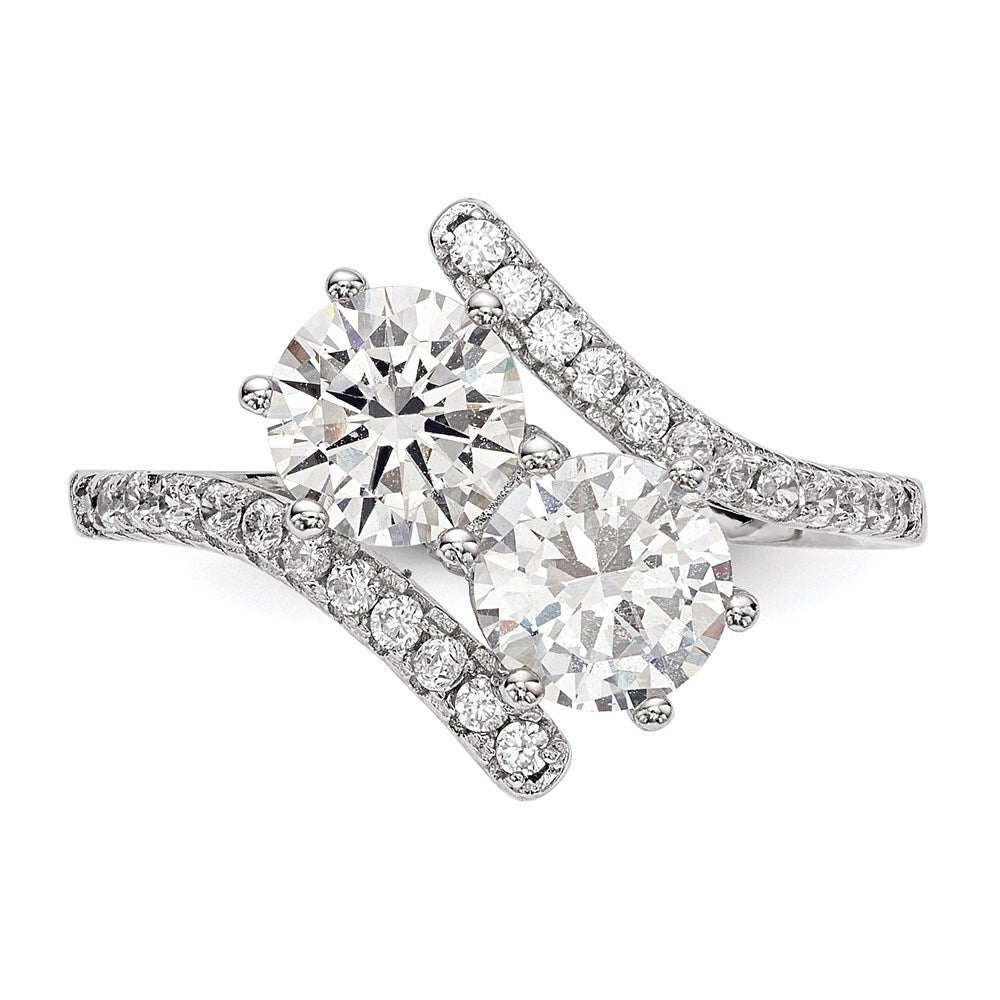 Sterling Silver Rhodium-plated Cubic Zirconia Two Stone Round Bypass Ring Size 7