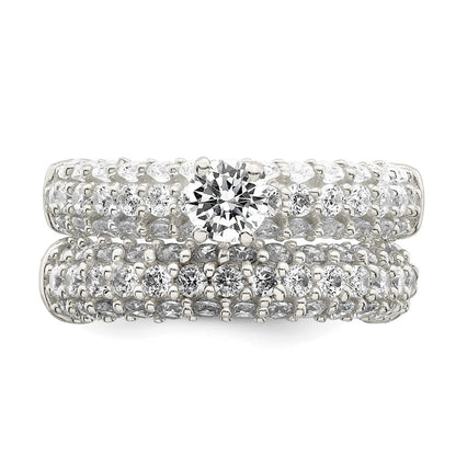 Sterling Silver Polished Pave CZ Wedding Ring Set Size 8
