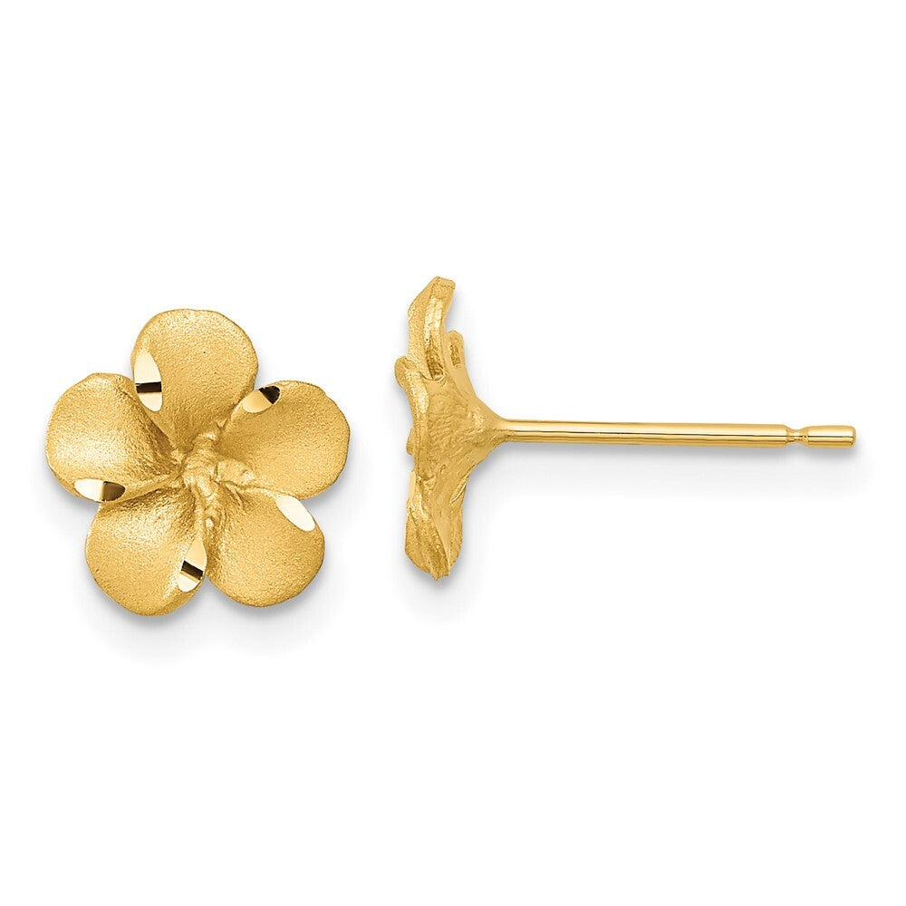 14k Yellow Gold Satin Diamond-cut Plumeria Stud Earrings Gift for Women