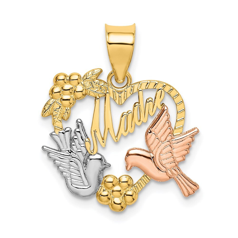 14k Two-tone Gold White Rhodium MADRE Heart Doves Charm Pendant