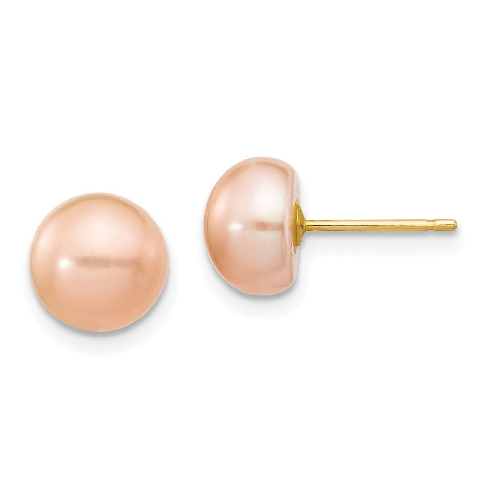 14k Yellow Gold 7-8mm Pink Button Freshwater Cultured Pearl Stud Earrings