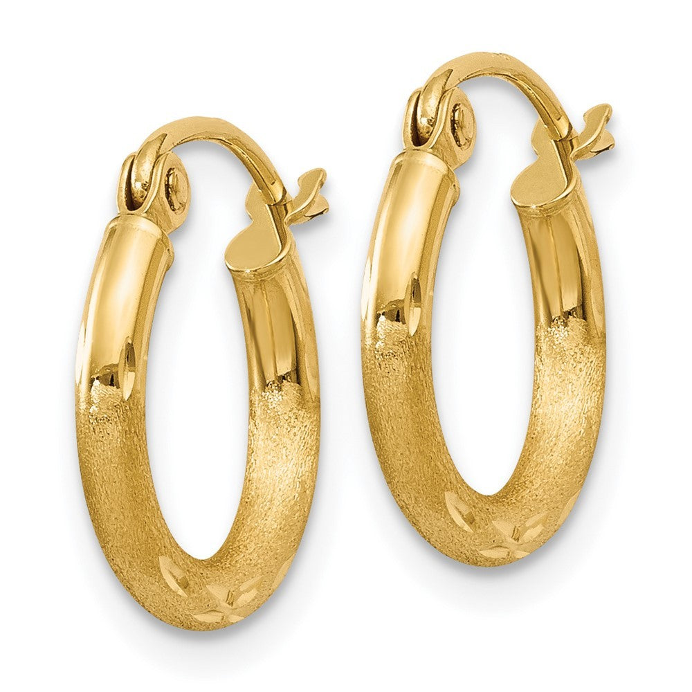 14k Yellow Gold Satin and Diamond-cut 2mm Round Tube Hoop Earrings