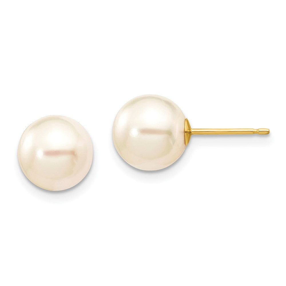 14k Yellow Gold 8-9mm White Round Akoya Saltwater Cultured Pearl Stud Earrings