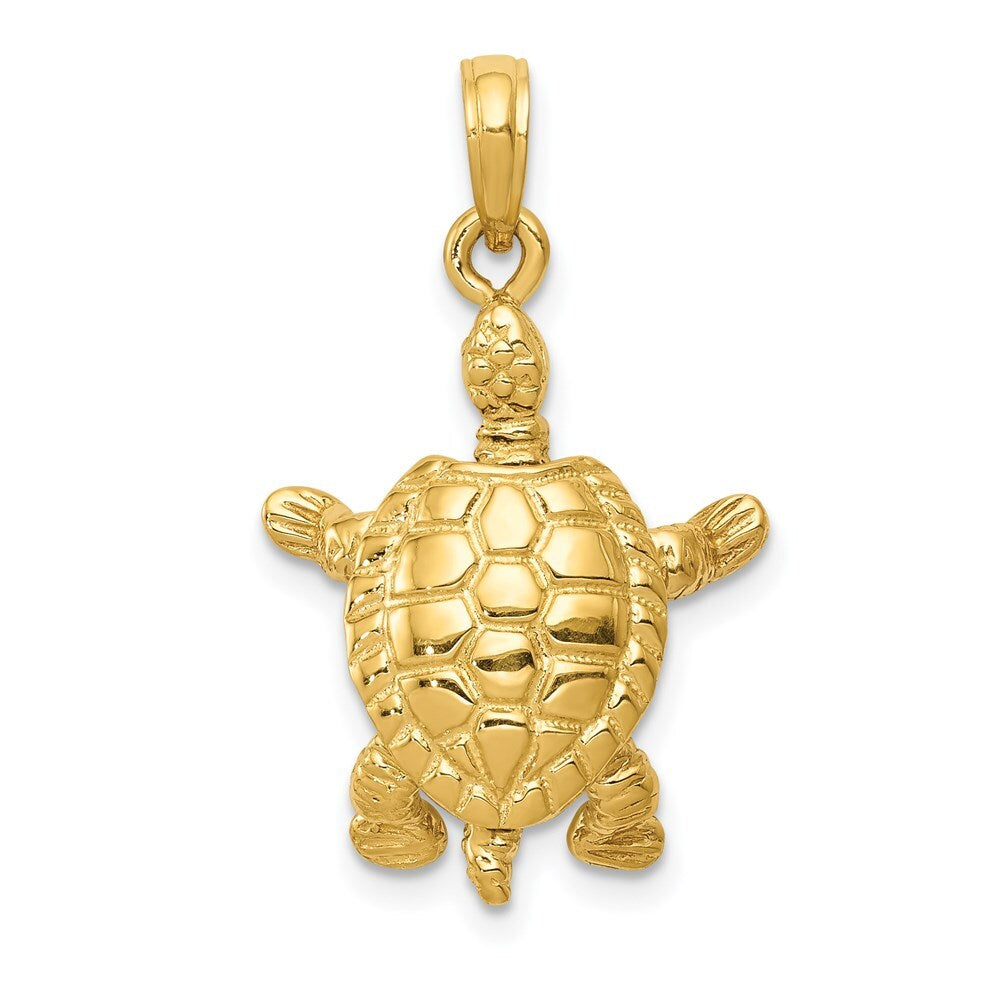 14k Yellow Gold Solid Polished 3-D Moveable Turtle Pendant for Women