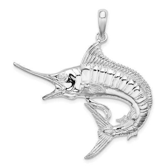 Sterling Silver Rhodium-Plated Polished and Textured Marlin Fish Pendant