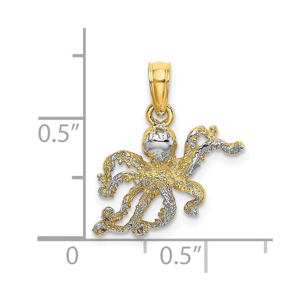 14k Yellow Gold W/ Rhodium Textured Octopus Charm Pendant