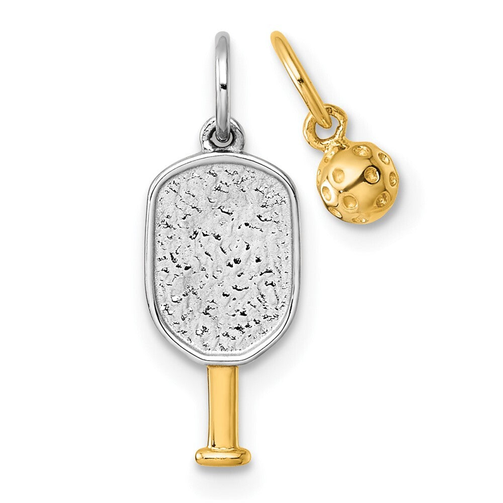 14k Yellow Gold White Rhodium Pickleball Paddle and Ball 2 Piece Pendant Set