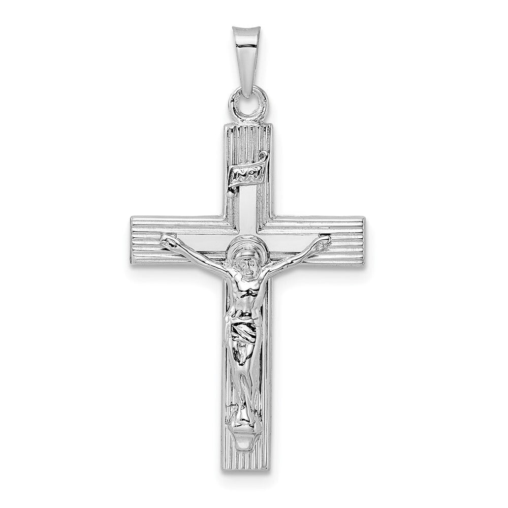 14k White Gold Polished Solid INRI Striped Crucifix Pendant for Women
