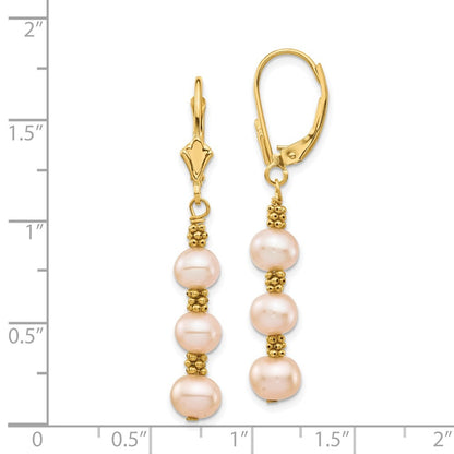 14k Yellow Gold 5-6mm Pink Semi-Round Freshwater Cultured Pearl Dangle Earrings