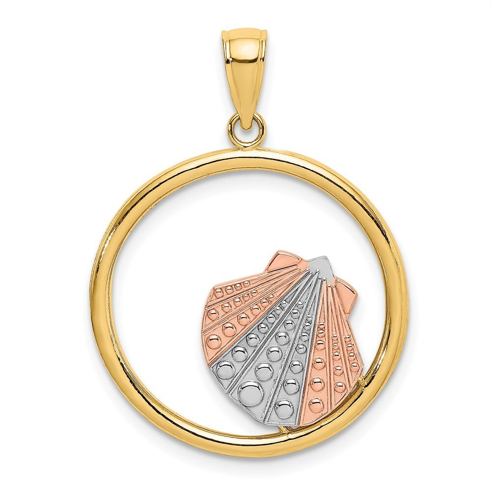 14k Two-tone Gold White Rhodium Scallop Shell In Circle Charm Pendant