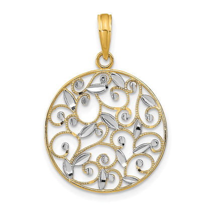 14k Yellow Gold Rhodium Diamond-Cut Filigree Round Charm Pendant