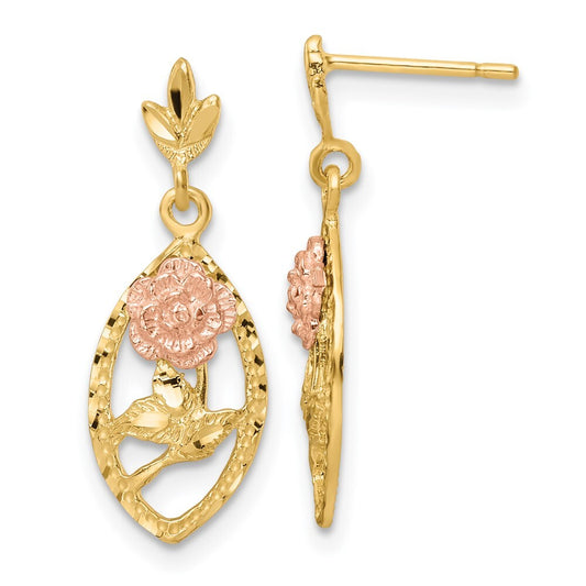 14k Two-tone Gold Textured Flower Dangle Earrings