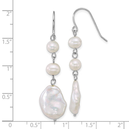 Sterling Silver White Semi-Round Culture Pearl Shepherd Hook Dangle Earrings