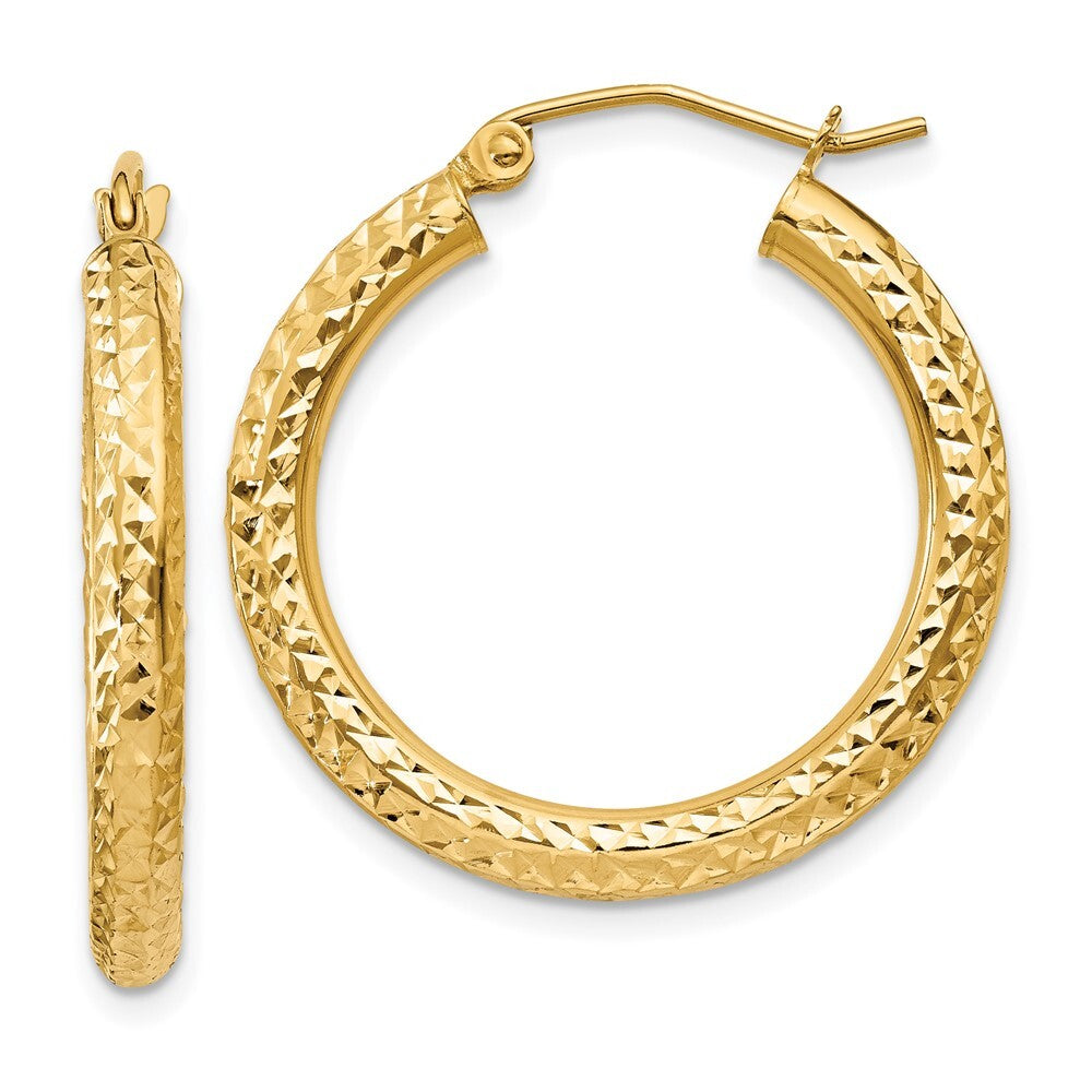 14k Yellow Gold Diamond-cut 3mm Round Hoop Earrings Gift for Women