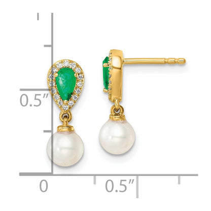 14k Yellow Gold Polished Diamond Pearl and Emerald Dangle Earrings
