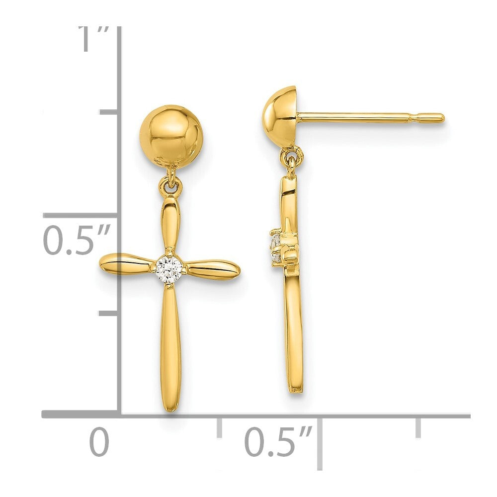 14k Yellow Gold Polished Cubic Zirconia Cross Dangle Earrings Gift for Women
