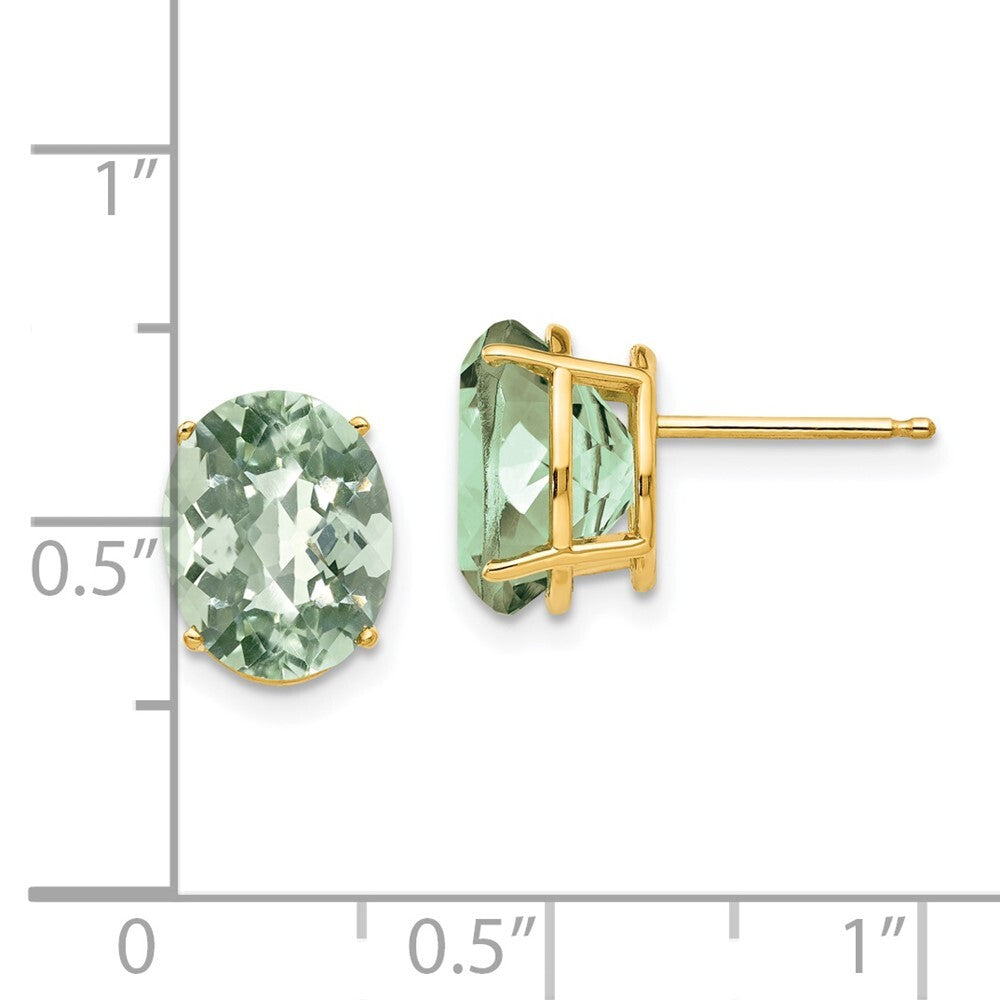 14k Yellow Gold 10x8 Oval Checker-Cut Green Quartz Stud Earrings