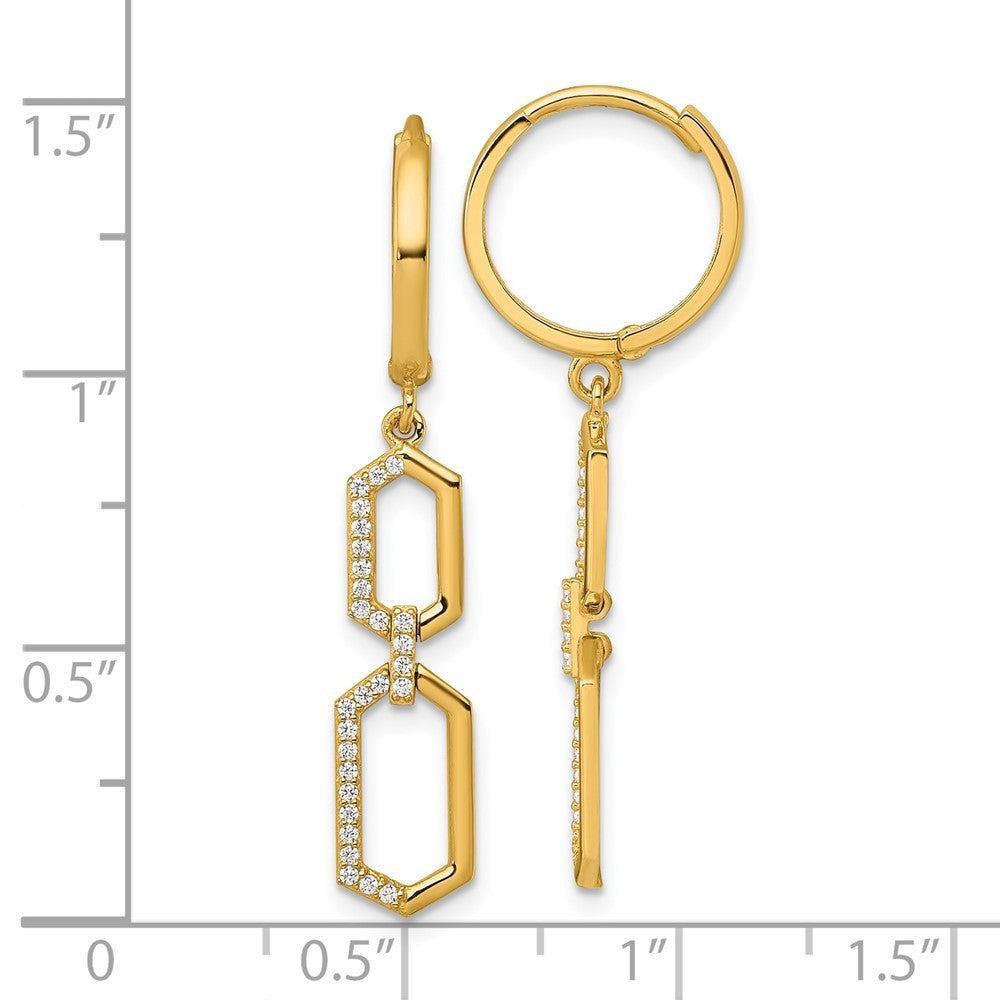 14k Yellow Gold Polished Fancy CZ Hexagon Dangle Round Hinged Hoop Earrings