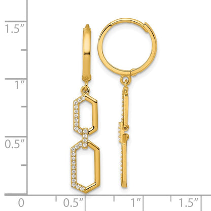 14k Yellow Gold Polished Fancy CZ Hexagon Dangle Round Hinged Hoop Earrings