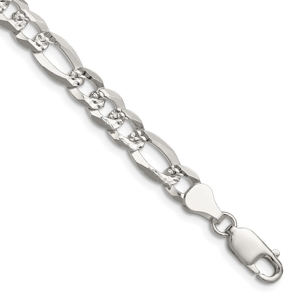 Sterling Silver 7.0mm Flat Diamond-Cut Pave Figaro Chain Necklace
