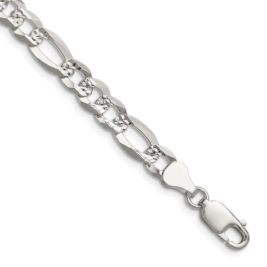Sterling Silver 7.0mm Flat Diamond-Cut Pave Figaro Chain Necklace