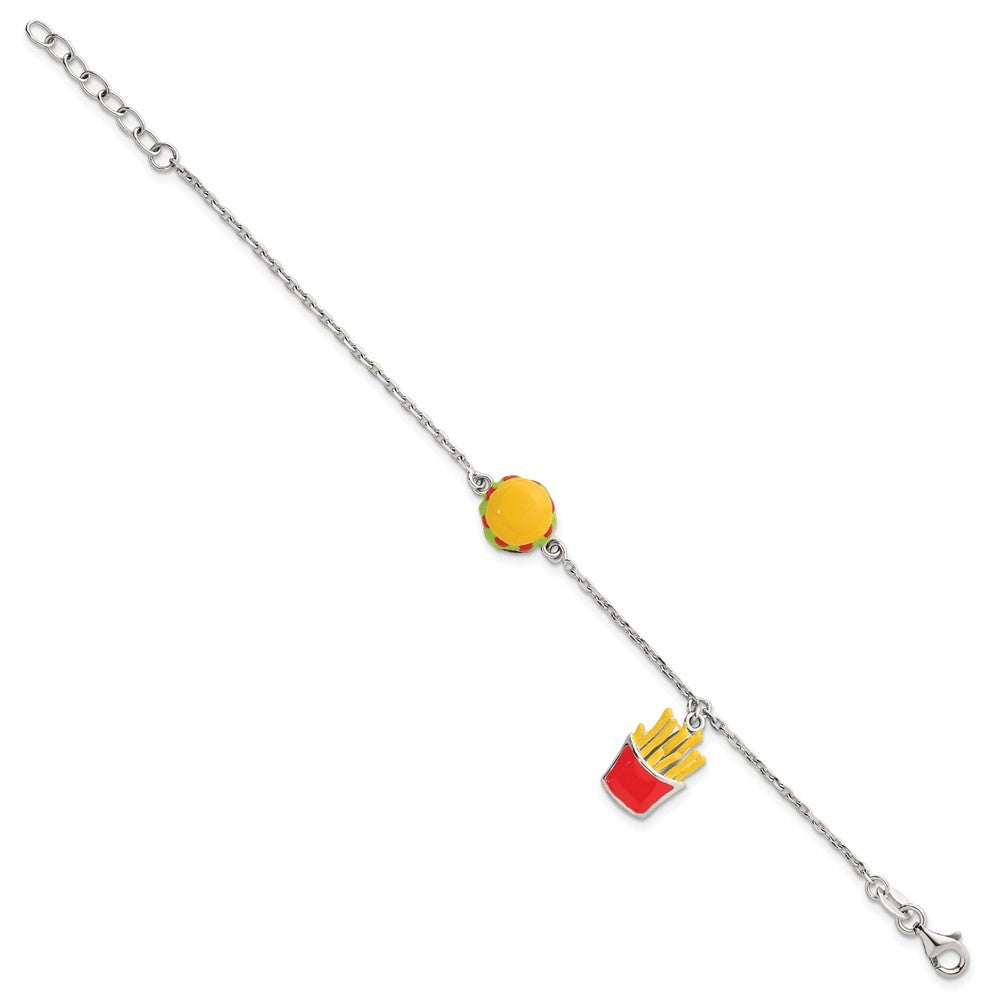 Sterling Silver  Multi-colored Enamel Burger and Fries Bracelet  6" with 1" Ext