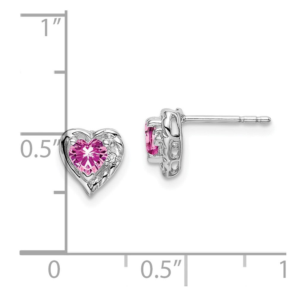 14k White Gold Created Pink Sapphire and Diamond Heart Stud Earrings