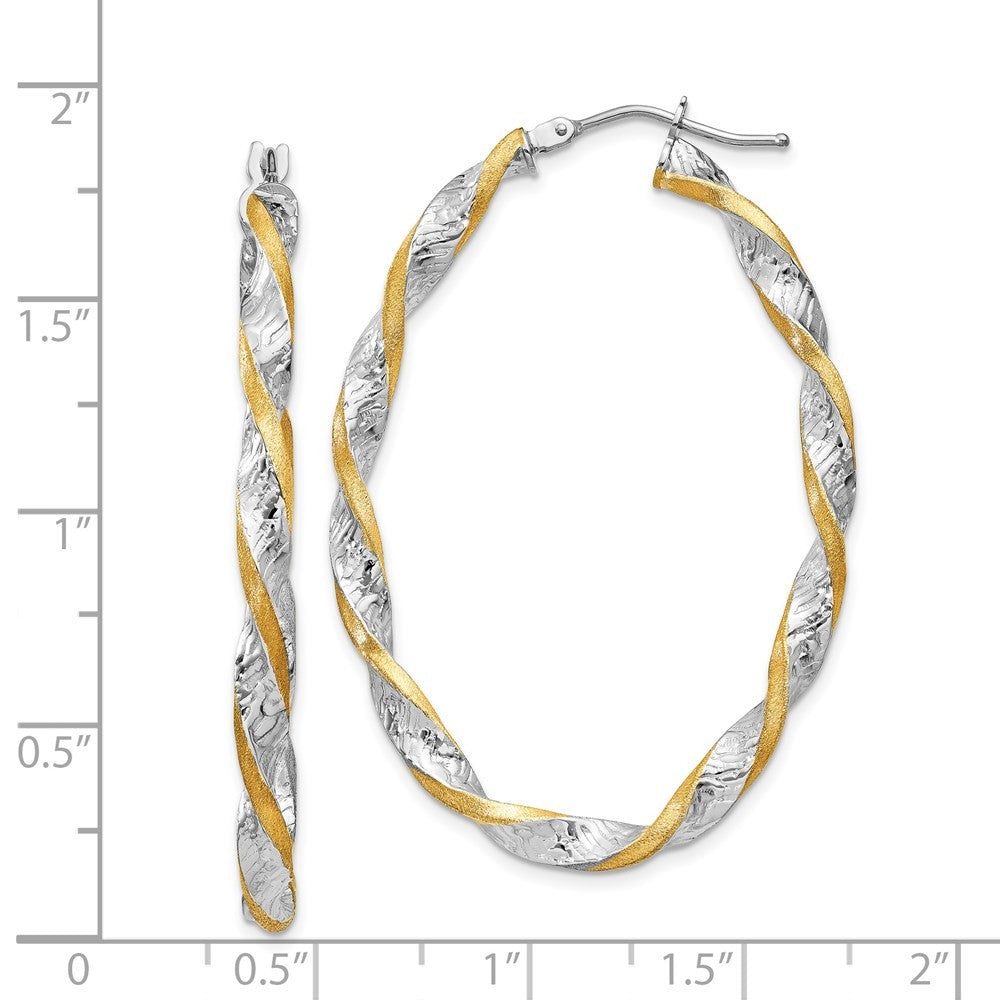 14k White Gold & Yellow Rhodium Twisted Diamond-Cut Oval Hoop Earrings
