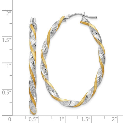 14k White Gold & Yellow Rhodium Twisted Diamond-Cut Oval Hoop Earrings