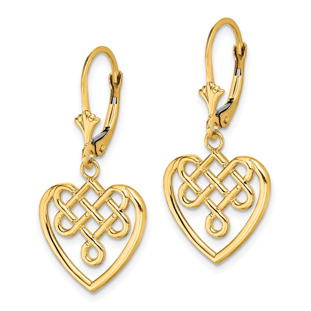 14k Yellow Gold Celtic Knot Heart Drop Dangle Earrings