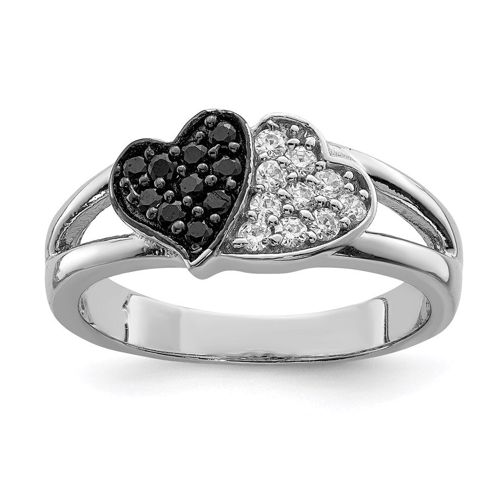 Sterling Silver Rhodium Clear & Black Cubic Zirconia Hearts Ring Size 7