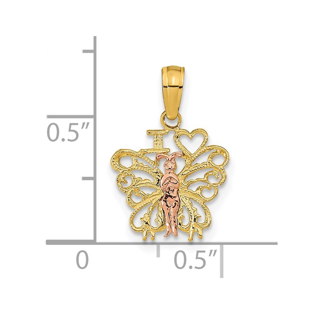 14k Two-tone Gold I HEART Butterfly Pendant for Women