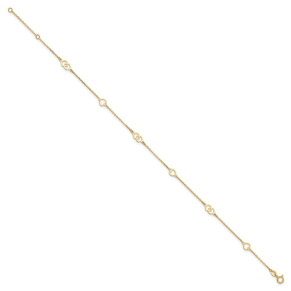 14k Yellow Gold Polished Heart Links and Chain 10" Anklet