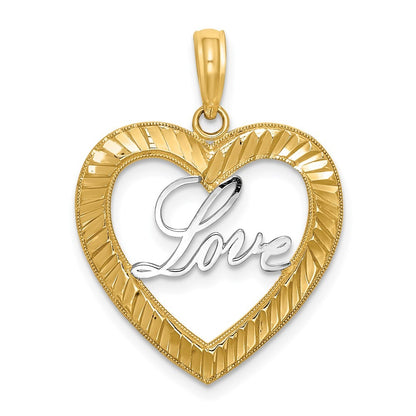 14k Yellow Gold and Rhodium Diamond-cut LOVE Heart Pendant