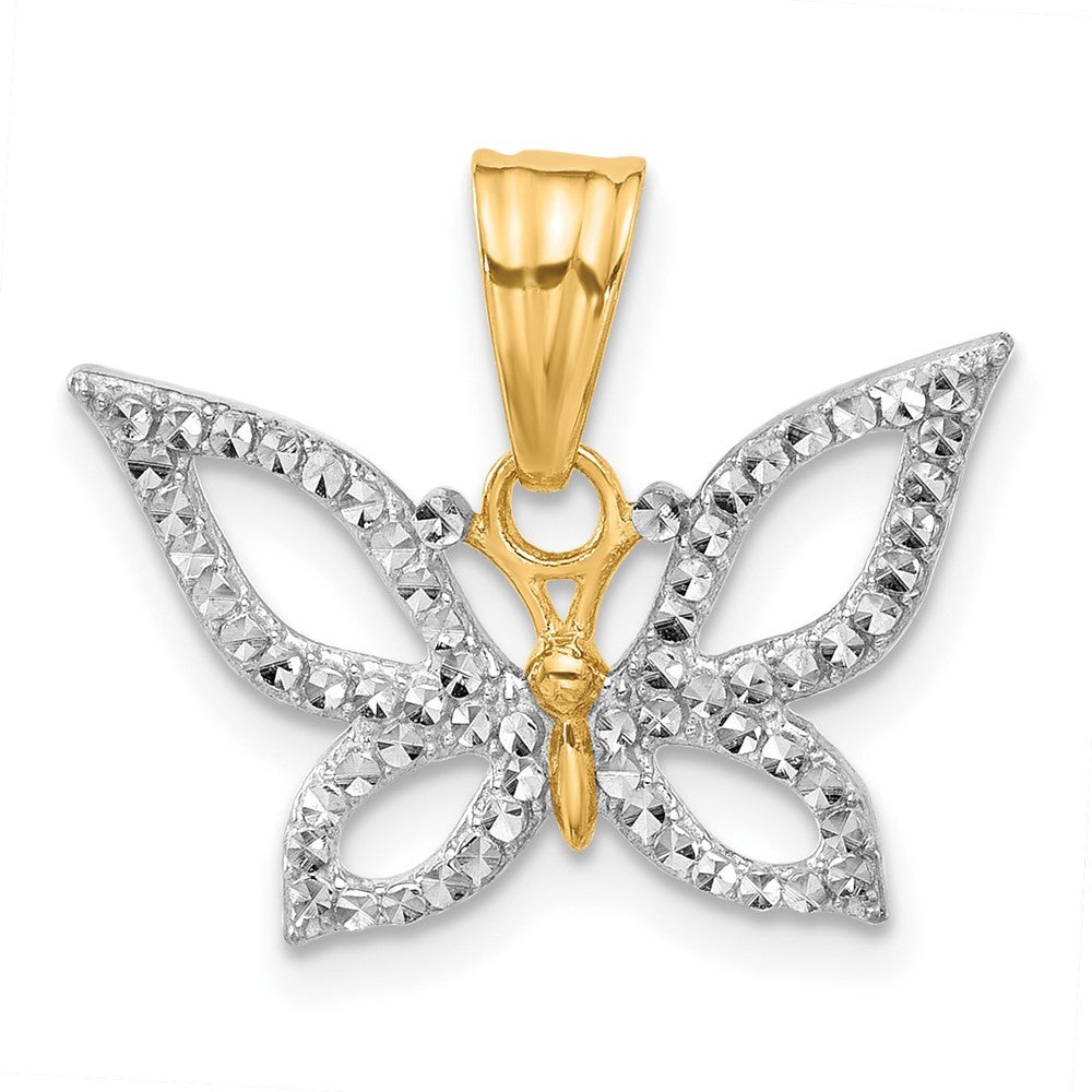 14k Yellow Gold and White Rhodium Polished and Diamond-cut Butterfly Pendant